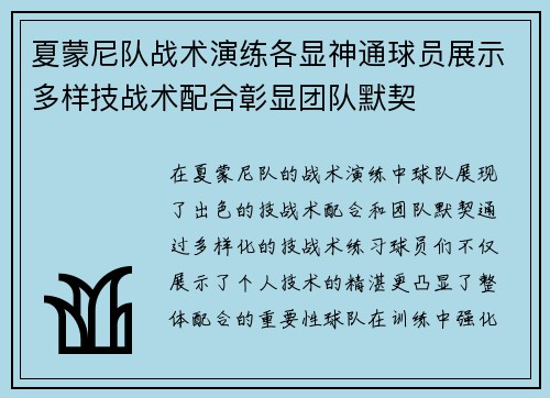 夏蒙尼队战术演练各显神通球员展示多样技战术配合彰显团队默契