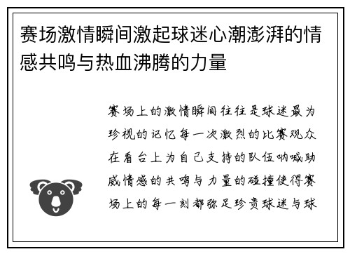 赛场激情瞬间激起球迷心潮澎湃的情感共鸣与热血沸腾的力量