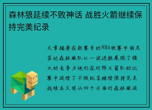 森林狼延续不败神话 战胜火箭继续保持完美纪录