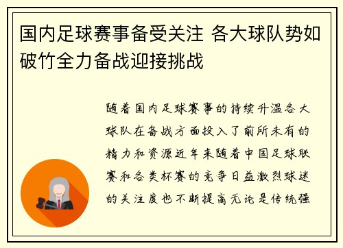 国内足球赛事备受关注 各大球队势如破竹全力备战迎接挑战