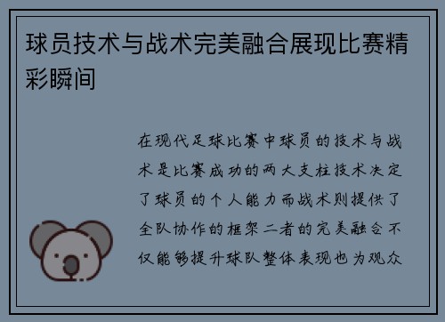 球员技术与战术完美融合展现比赛精彩瞬间