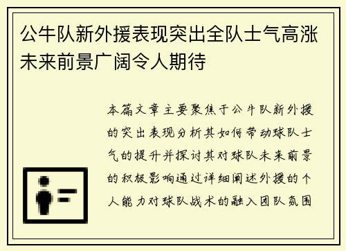 公牛队新外援表现突出全队士气高涨未来前景广阔令人期待
